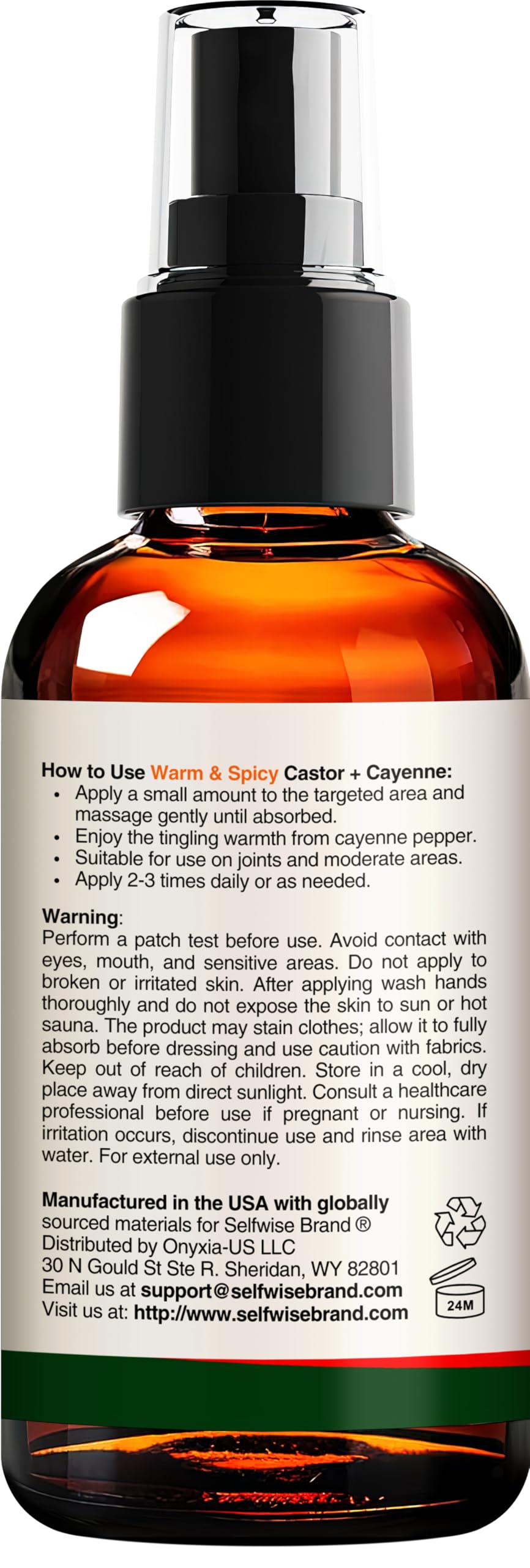 SELFWISE pouring oil into palm illustrating easy application and spreading benefit