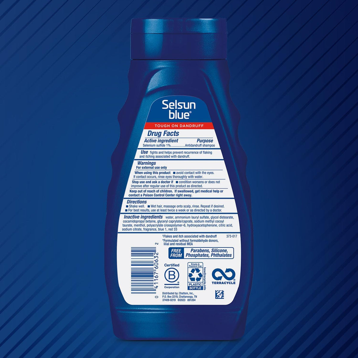 Selsun Blue back label with ingredients and directions visible for safe, informed use