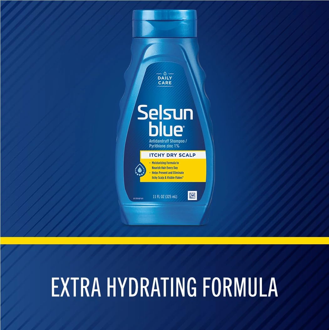 Selsun Blue close label showing pyrithione zinc 1% active ingredient benefit