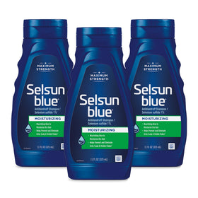 Selsun Blue front packaging showing three 11 fl oz bottles and label benefits