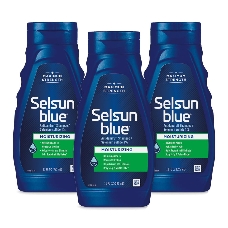 Selsun Blue front packaging showing three 11 fl oz bottles and label benefits