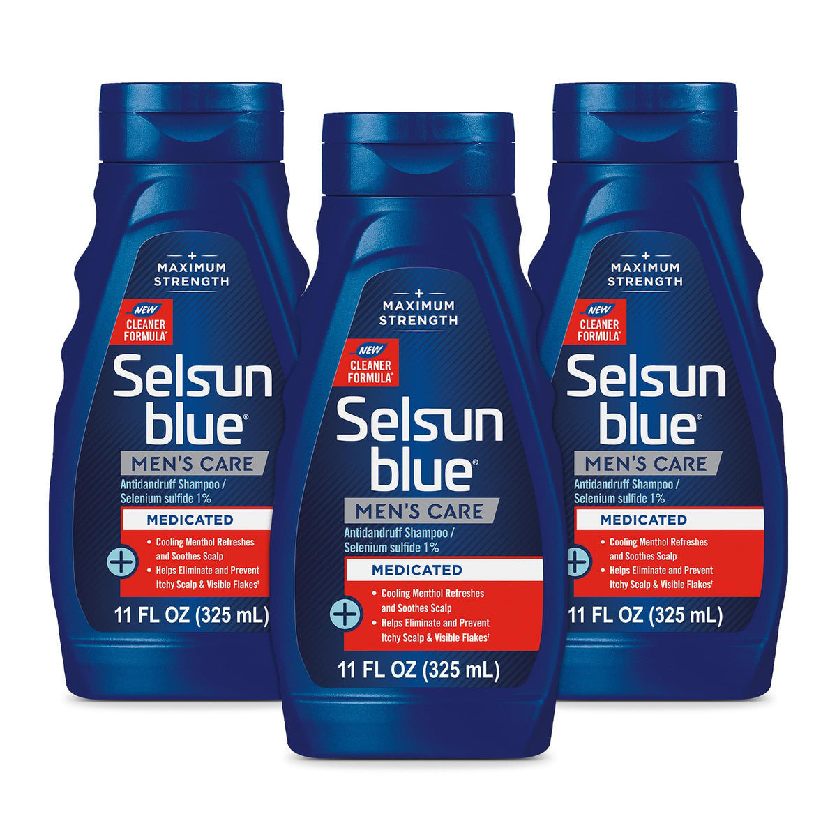Selsun Blue front packaging showing three 11 fl oz bottles and product benefits