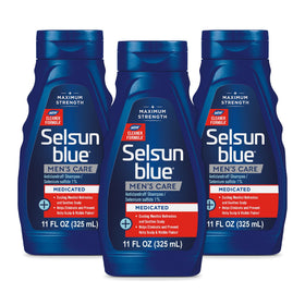 Selsun Blue front packaging showing three 11 fl oz bottles and product benefits
