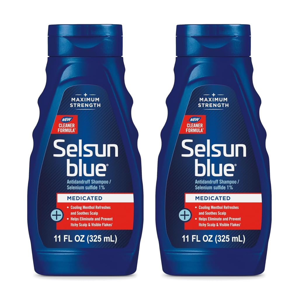 Selsun Blue front packaging showing two 11 fl oz bottles and labels, clear product identity and benefits