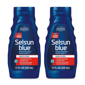 Selsun Blue front packaging showing two 11 fl oz bottles and labels, clear product identity and benefits