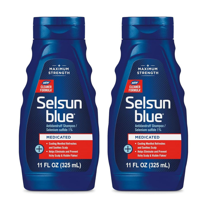 Selsun Blue front packaging showing two 11 fl oz bottles and labels, clear product identity and benefits