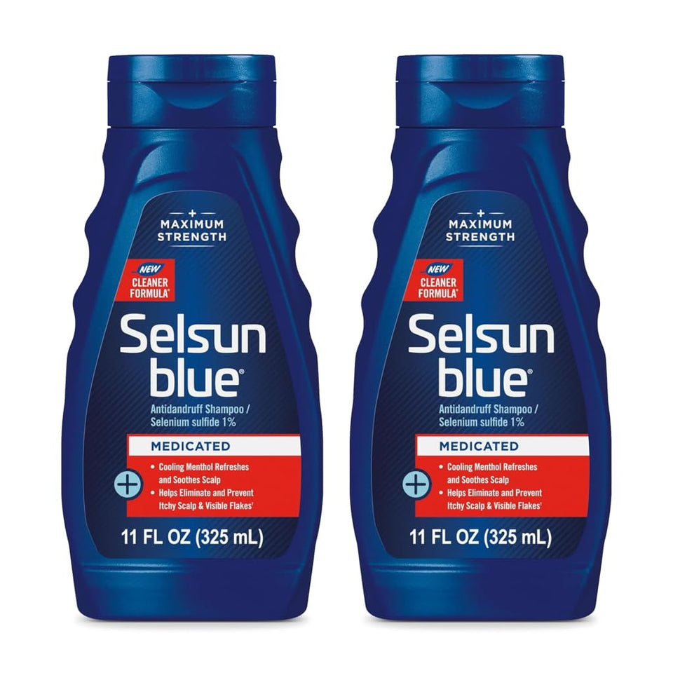 Selsun Blue front packaging showing two 11 fl oz bottles and labels, clear product identity and benefits