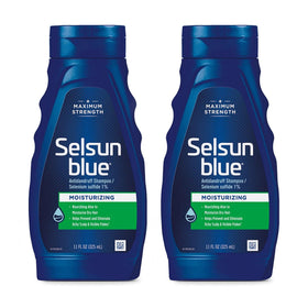 Selsun Blue front packaging showing two 11 fl oz bottles, clear value benefit