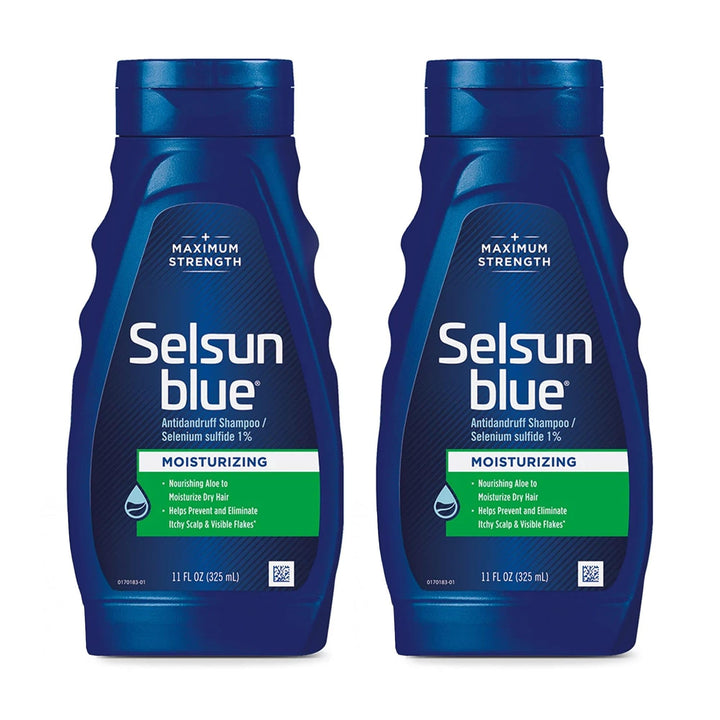 Selsun Blue front packaging showing two 11 fl oz bottles, clear value benefit