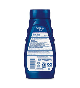 Selsun Blue in-shower use on wet hair illustrating effective flaky scalp cleansing
