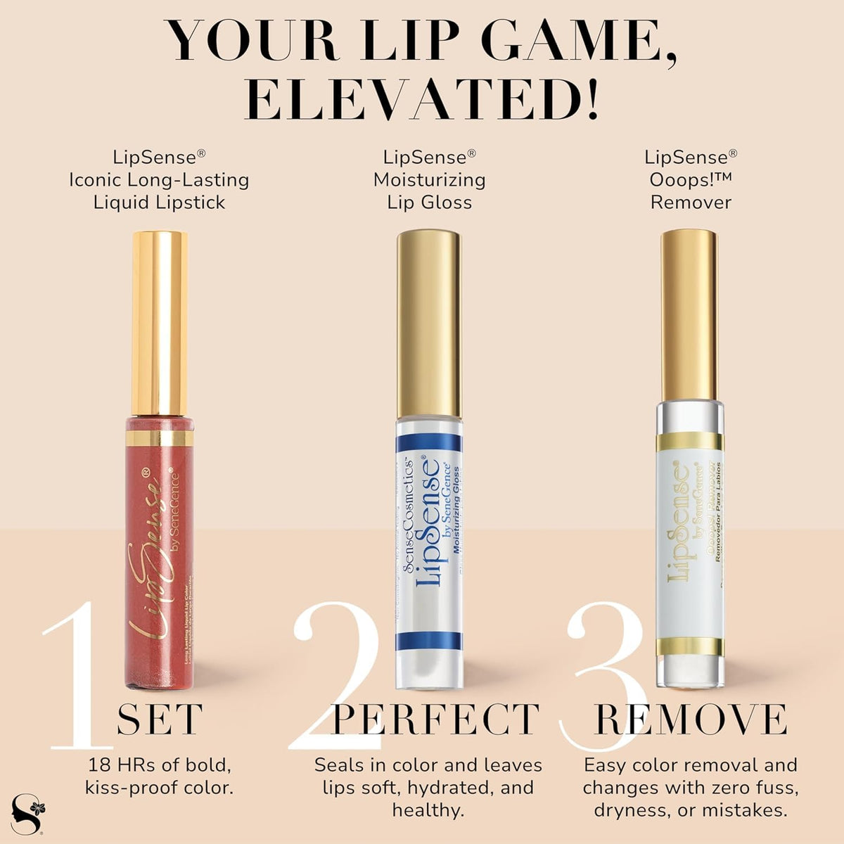 SeneGence LipSense product beside key ingredients showing clean formula benefits