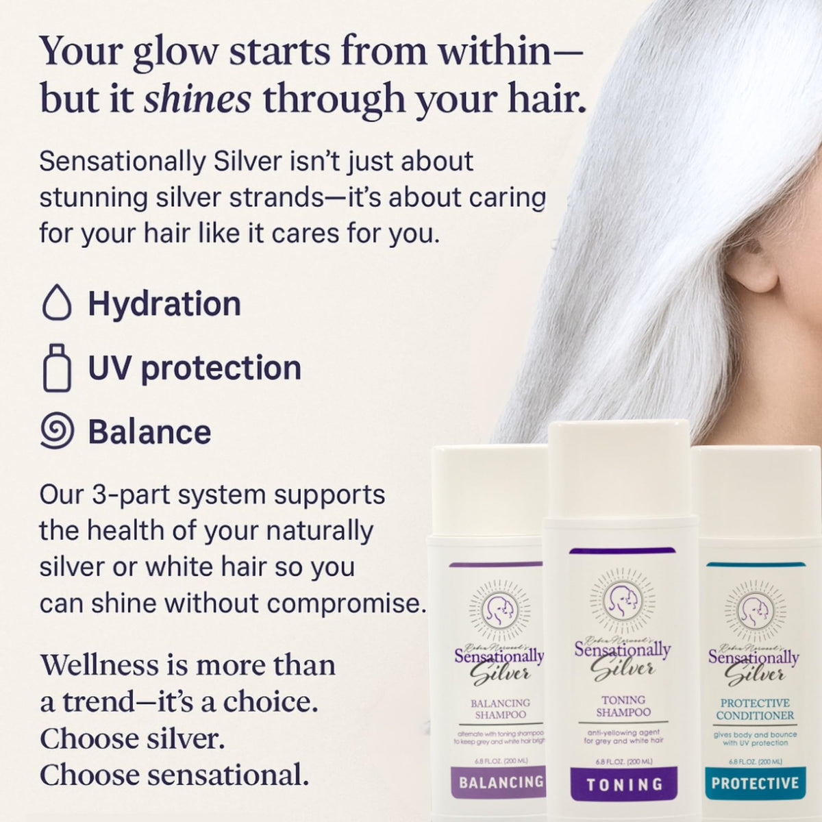 Robin Norwood's Sensationally Silver shampoo in palm illustrating smooth application