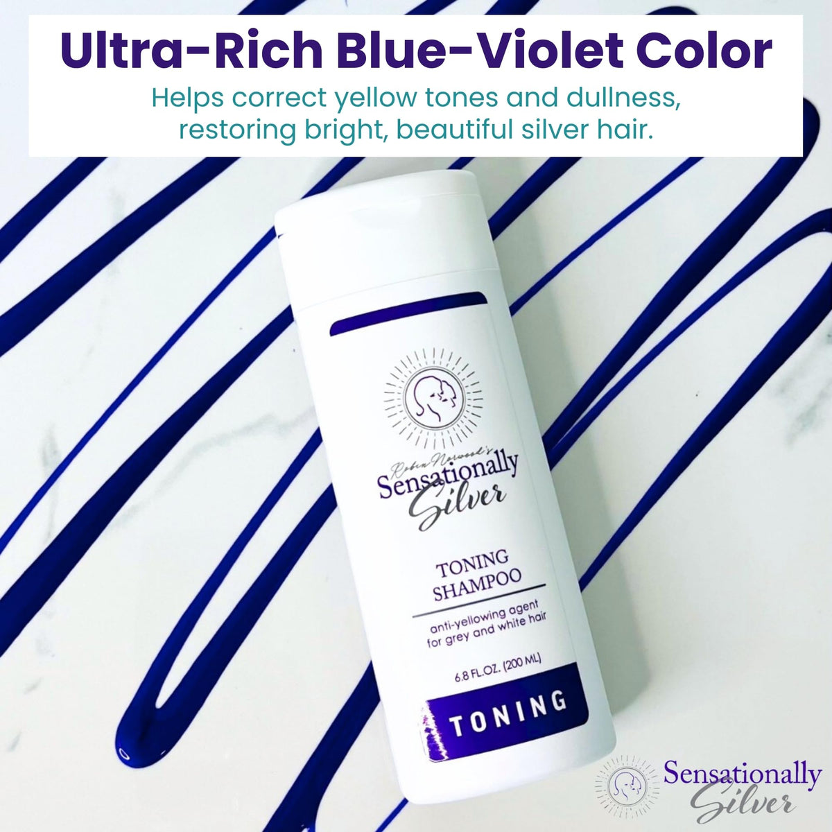 Robin Norwood's Sensationally Silver rich lather on gray hair demonstrating gentle cleanse