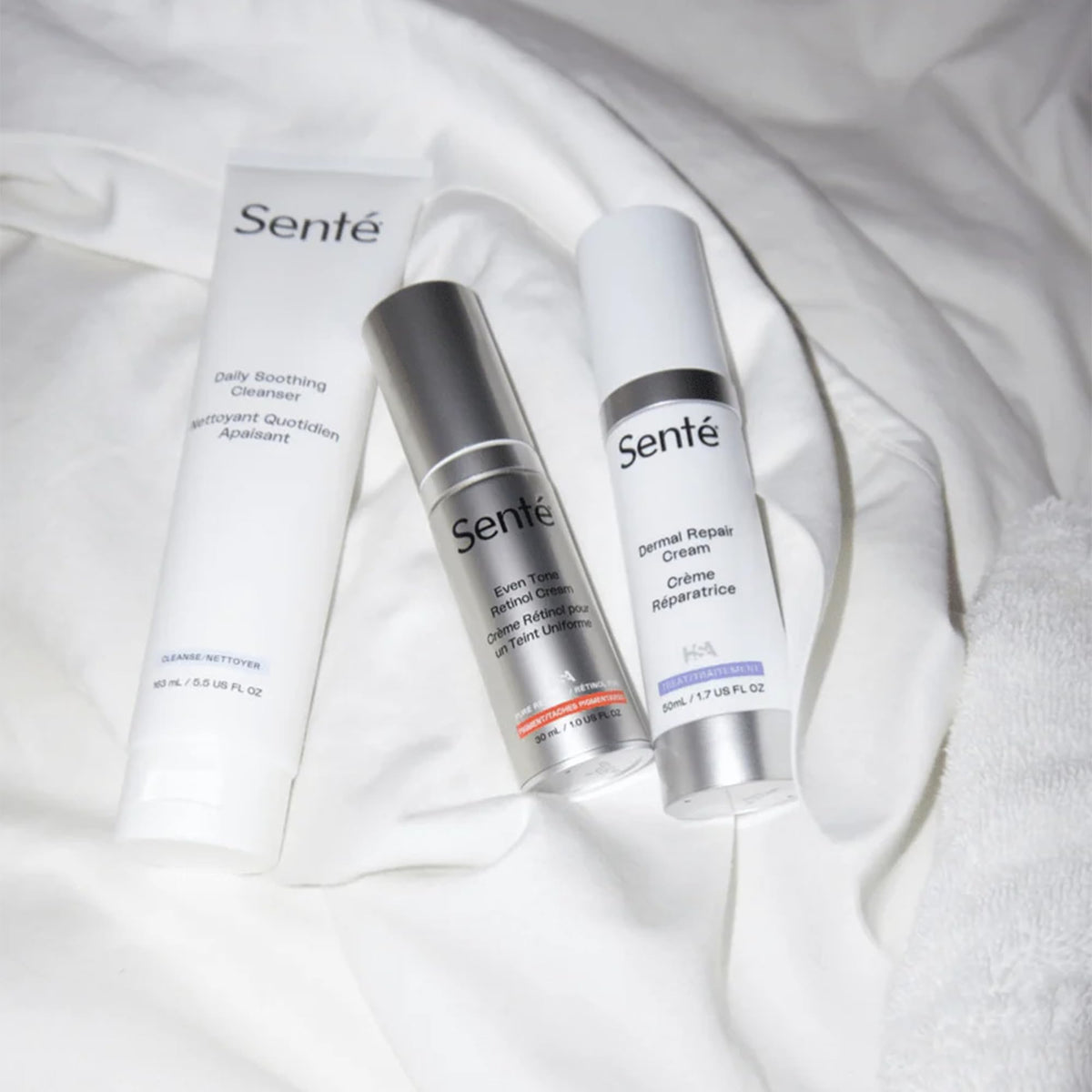 Sente cleanser in bathroom setting for a soothing morning routine