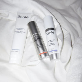 Sente cleanser in bathroom setting for a soothing morning routine