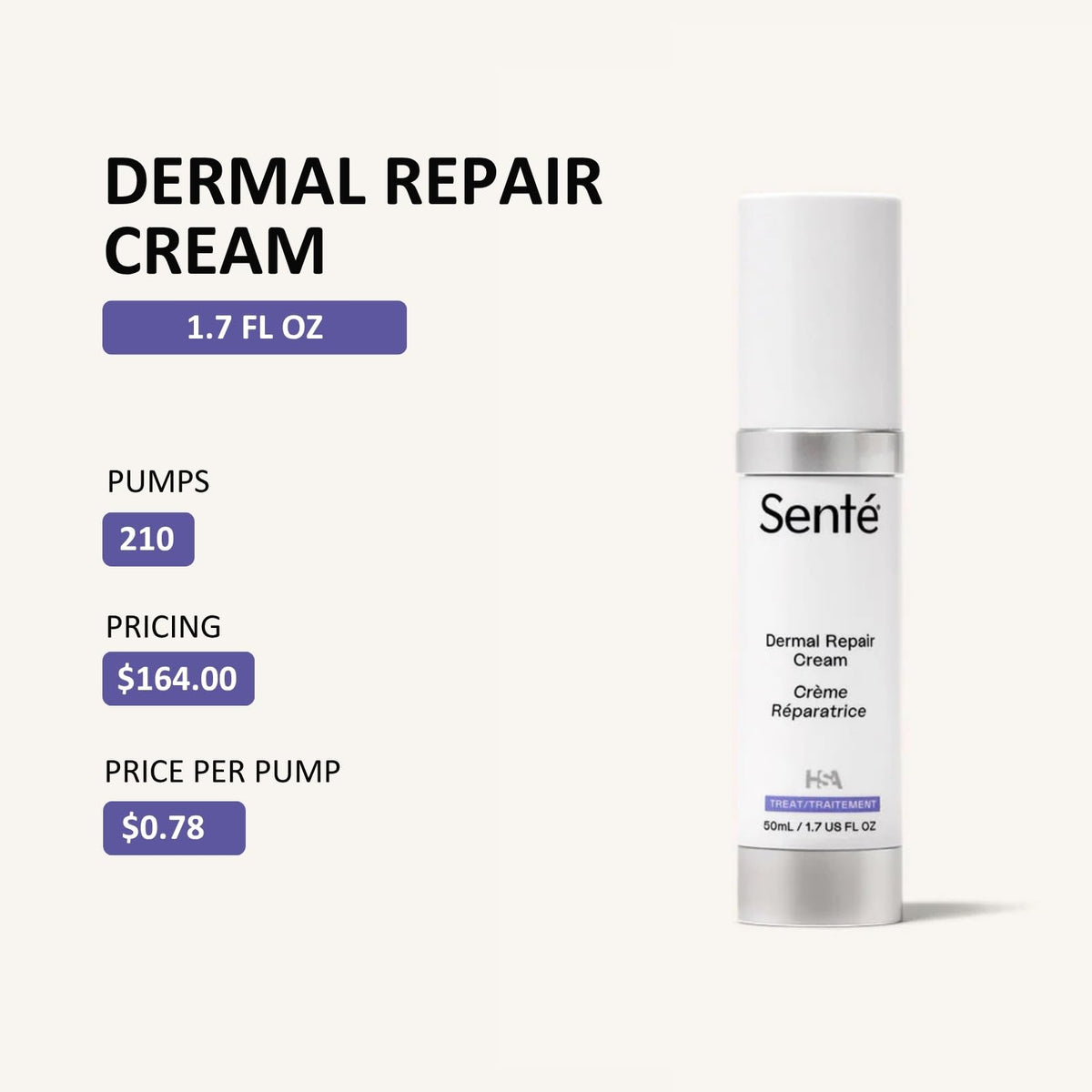Sente Dermal Repair ingredients panel highlighting HSA, vitamin E, green tea