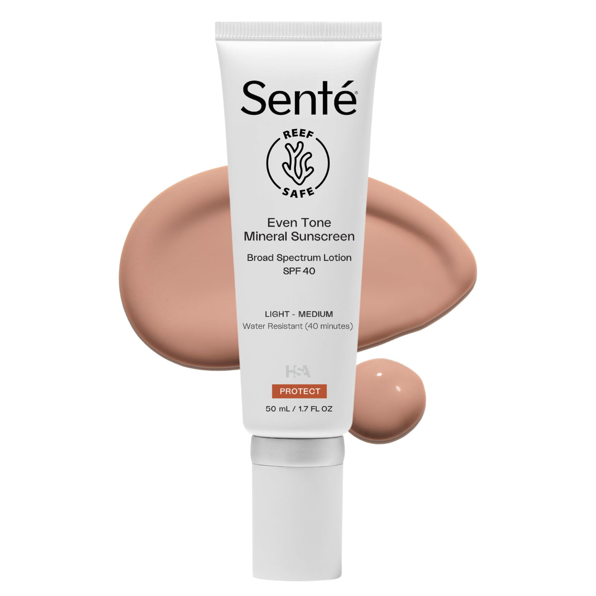 Sente front packaging showing tinted mineral sunscreen and SPF 40 protection benefit