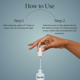 Senté ingredients label on bottle, showing HSA and hyaluronic acid benefits clearly