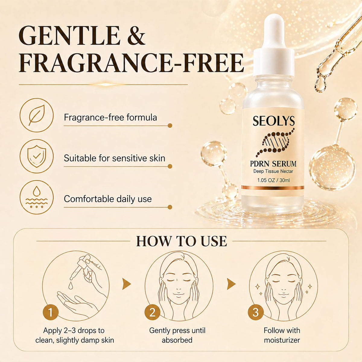 Seolys ingredient detail showing PDRN and peptides for firmer-looking skin