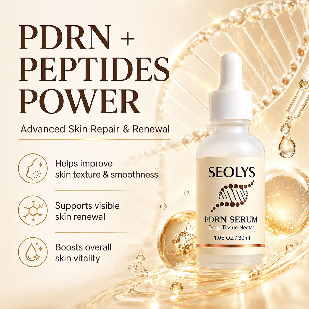 Seolys label close-up highlighting PDRN, peptides and hyaluronic acid benefits
