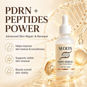 Seolys label close-up highlighting PDRN, peptides and hyaluronic acid benefits