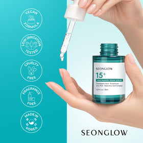SEONGLOW 30ml bottle next to ruler for size comparison and travel-ready benefit