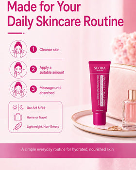 Seora Cream bottle beside ingredient list emphasizing brightening actives