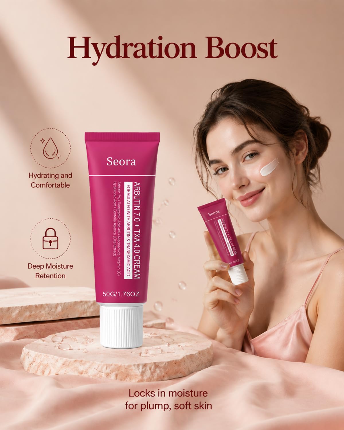 Seora Cream being applied to cheek illustrating hydration and improved skin appearance