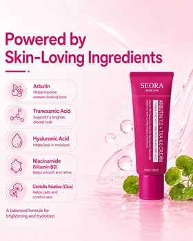 Seora Cream label close-up highlighting arbutin and tranexamic acid benefits