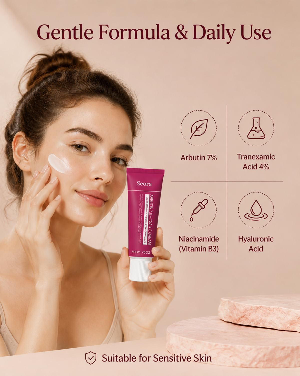 Seora Cream next to a hand for size comparison and travel-friendly convenience