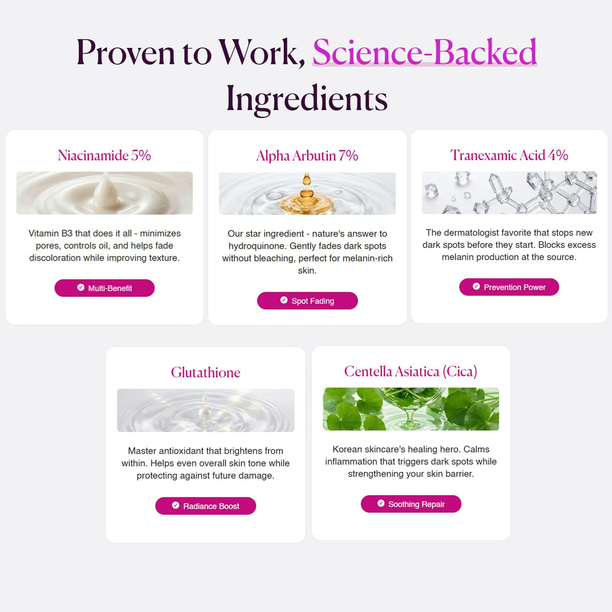 Seora Korean ingredient flatlay featuring arbutin tranexamic acid niacinamide for clarity