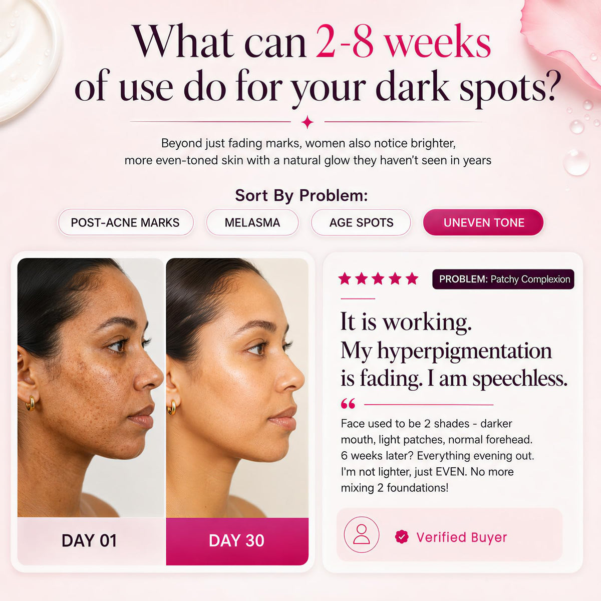 Seora skins applied to face illustrating even tone and smooth base