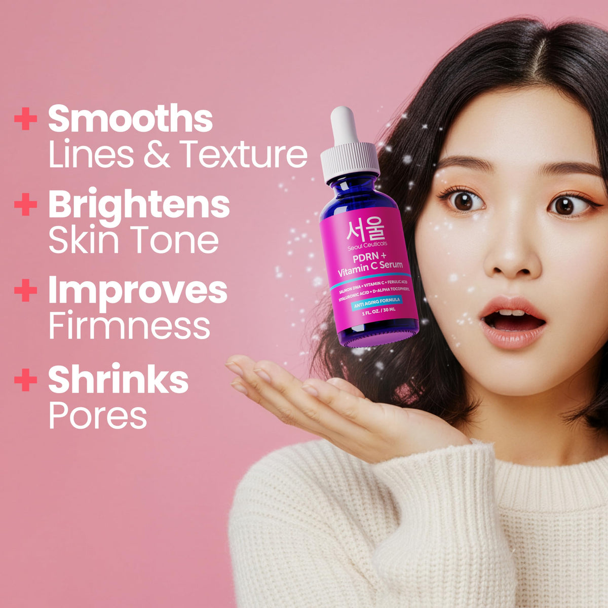 SeoulCeuticals bottle staged with flowers conveying K‑Beauty aesthetic appeal