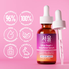 SeoulCeuticals bottle with drops on skin showing hydrating, smoothing benefit