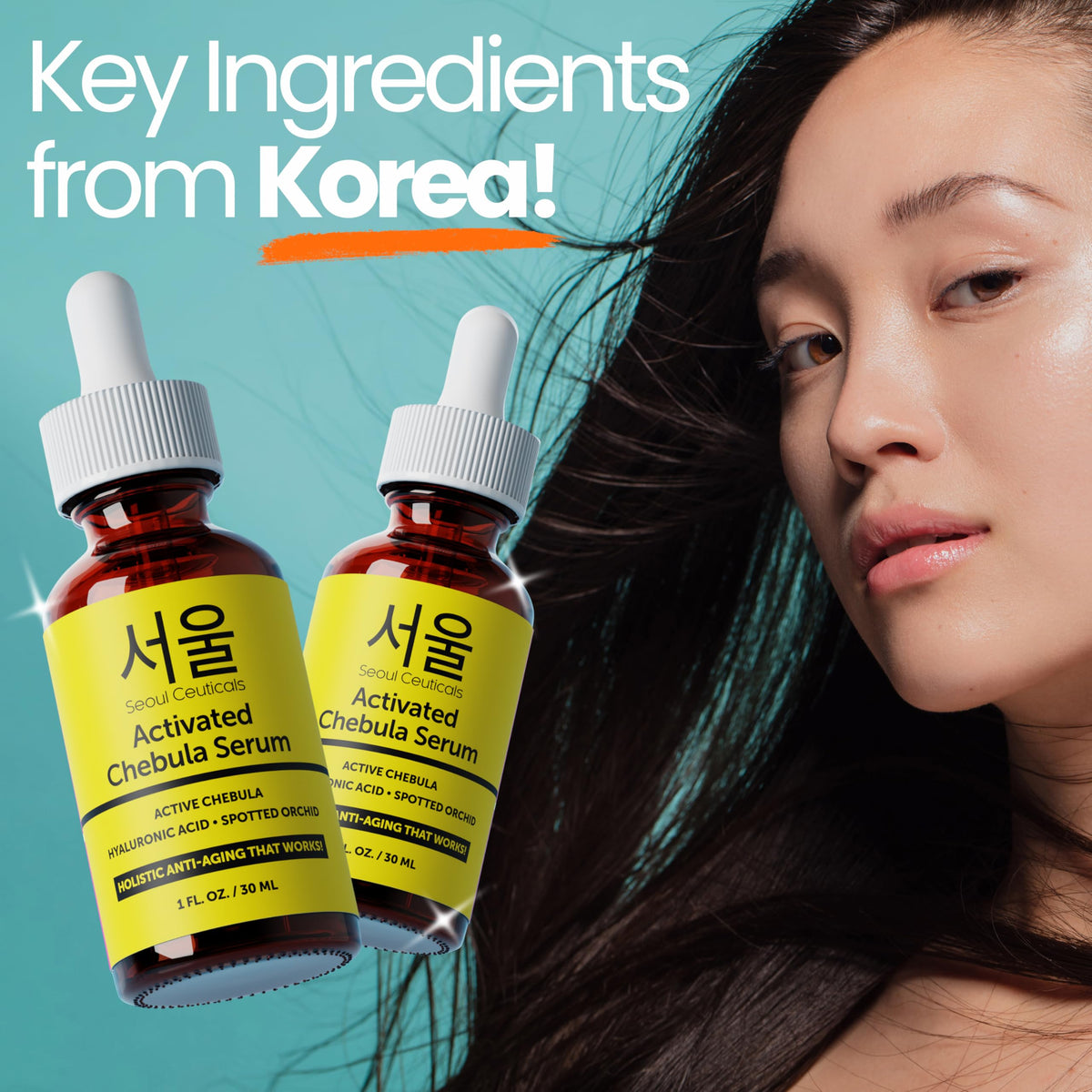 SeoulCeuticals bottle label close detail with ingredient list, conveys transparency benefit