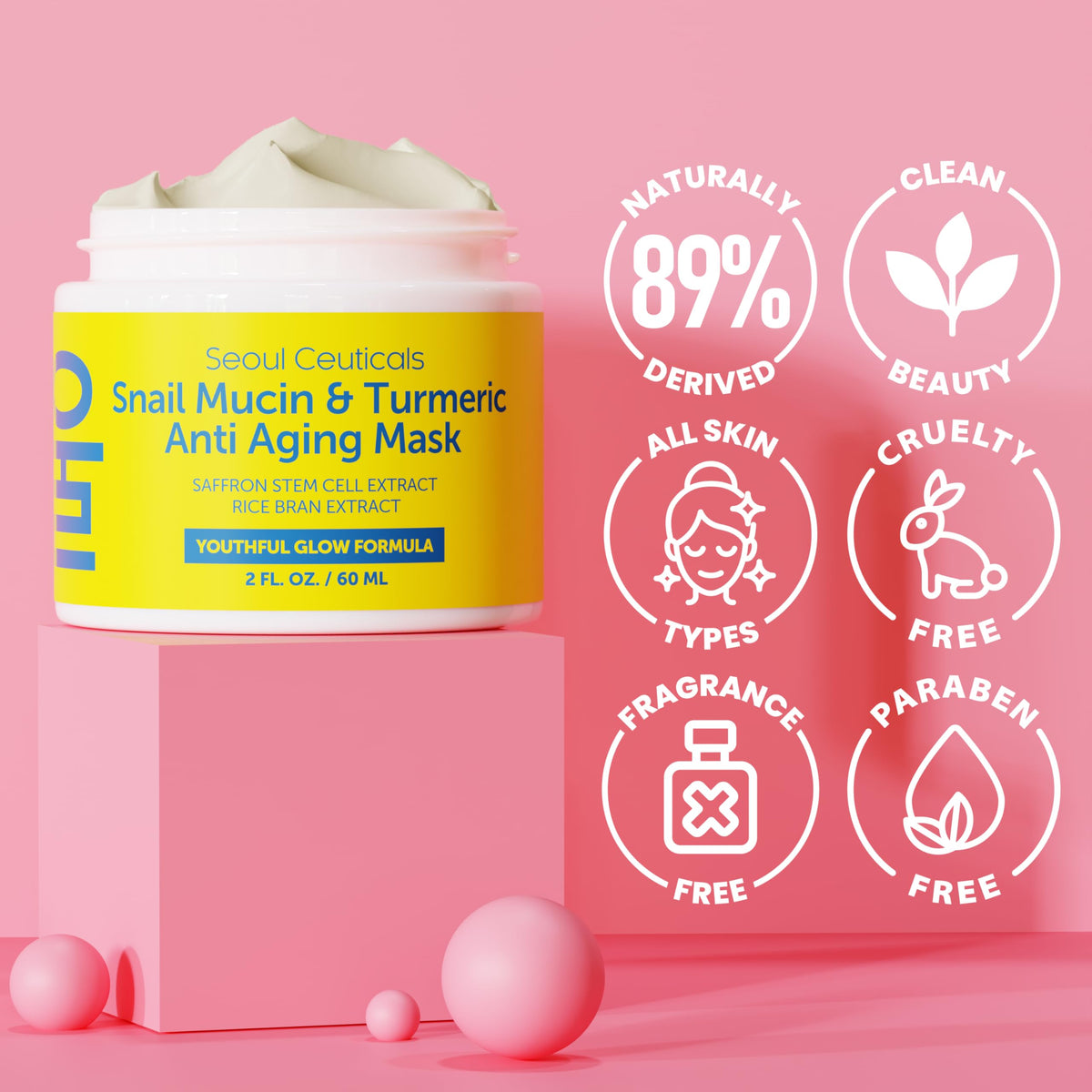 SeoulCeuticals mask applied on face demonstrating easy spread and calming treatment benefit