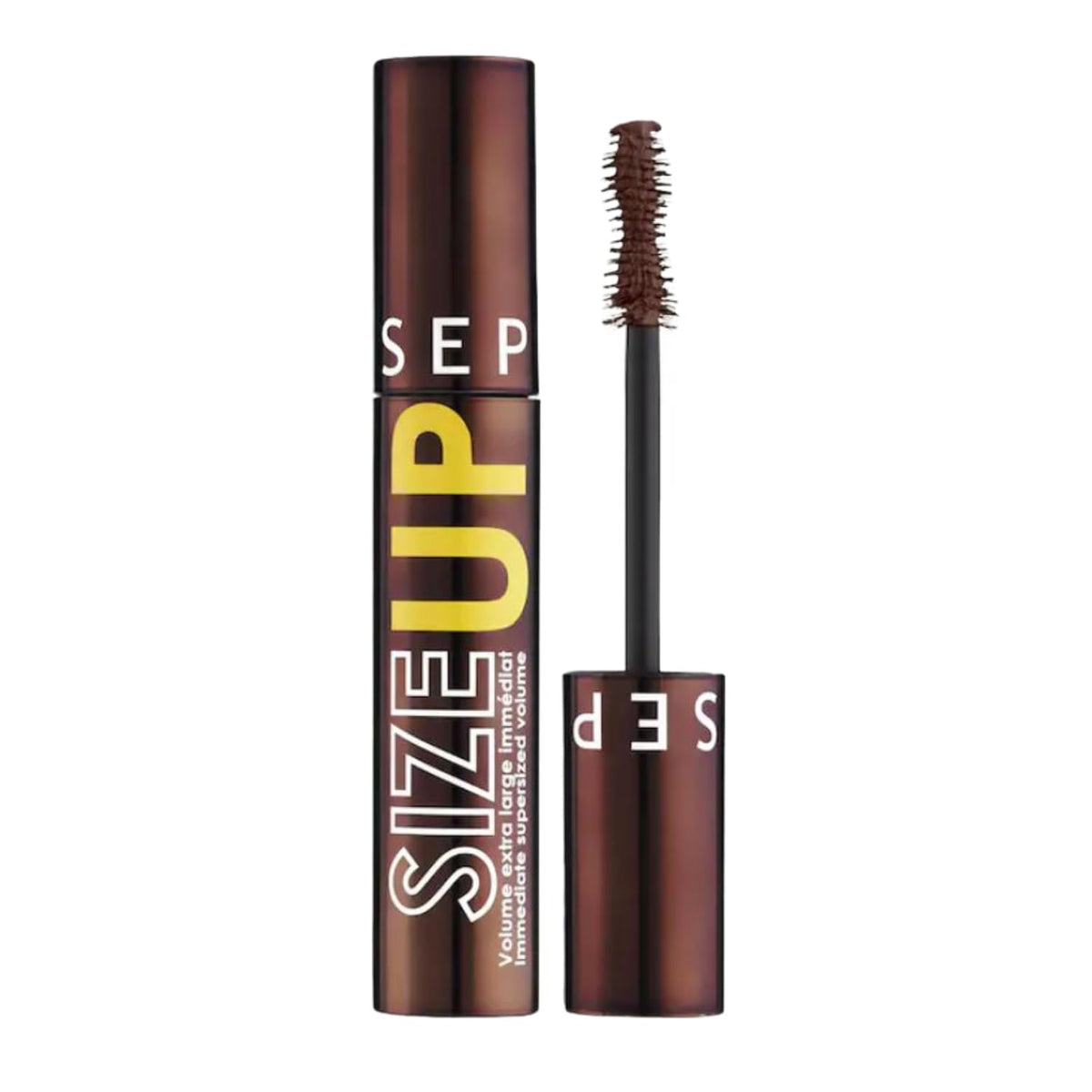 Sephora Size Up mascara brown bottle front view showing packaging and compact size benefit