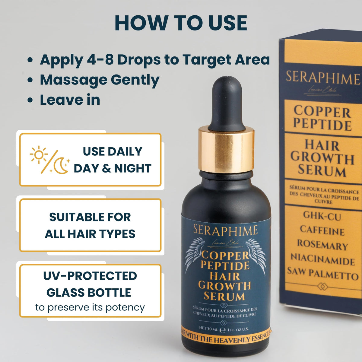 Seraphime with rosemary and saw palmetto, visualizes botanical ingredients and support
