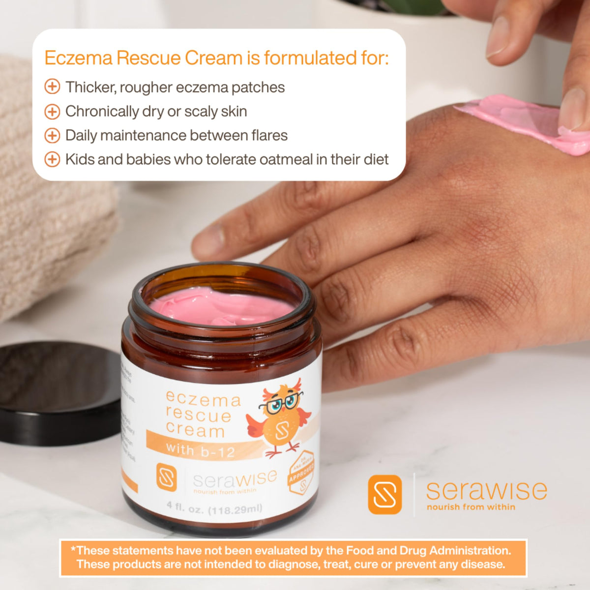 Serawise ingredient label closeup showing allergen-free and third-party seals