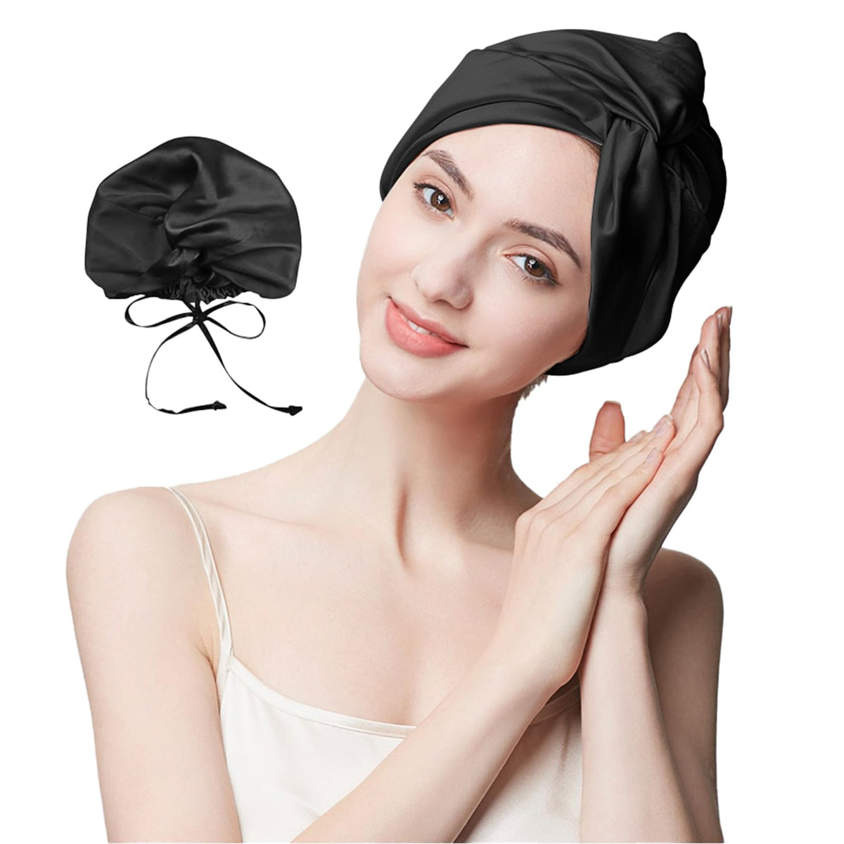 SereLune bonnet front view showing black silk and secure fit for overnight hair protection
