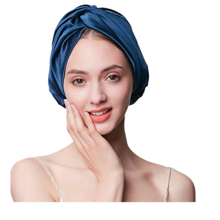 SereLune front view navy blue bonnet showing elegant fit and protective coverage