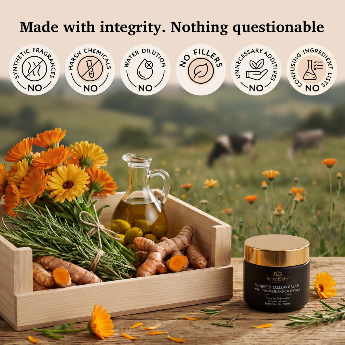 SereniSkin botanicals arrangement highlighting calendula and turmeric benefits
