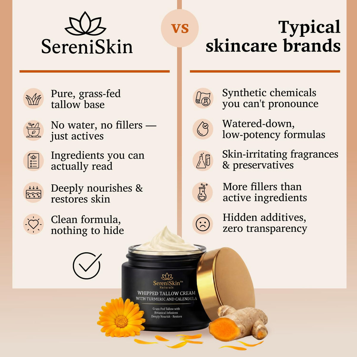 SereniSkin label detail showing natural ingredients and transparency benefit
