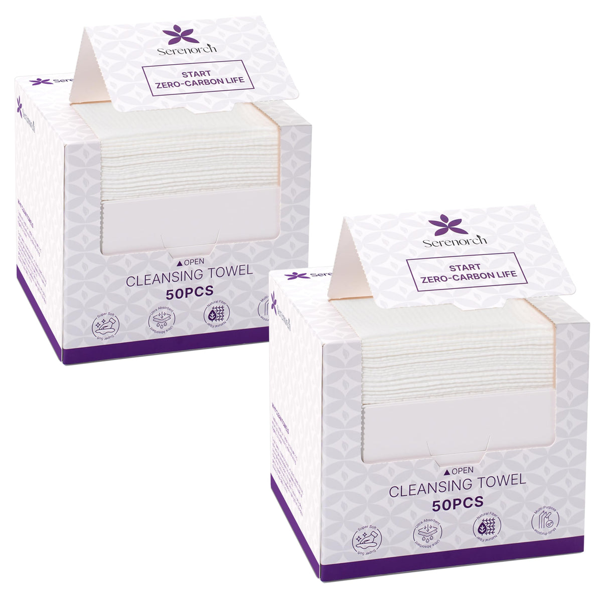 Serenorch front packaging showing 100-count XL disposable face towels and benefits