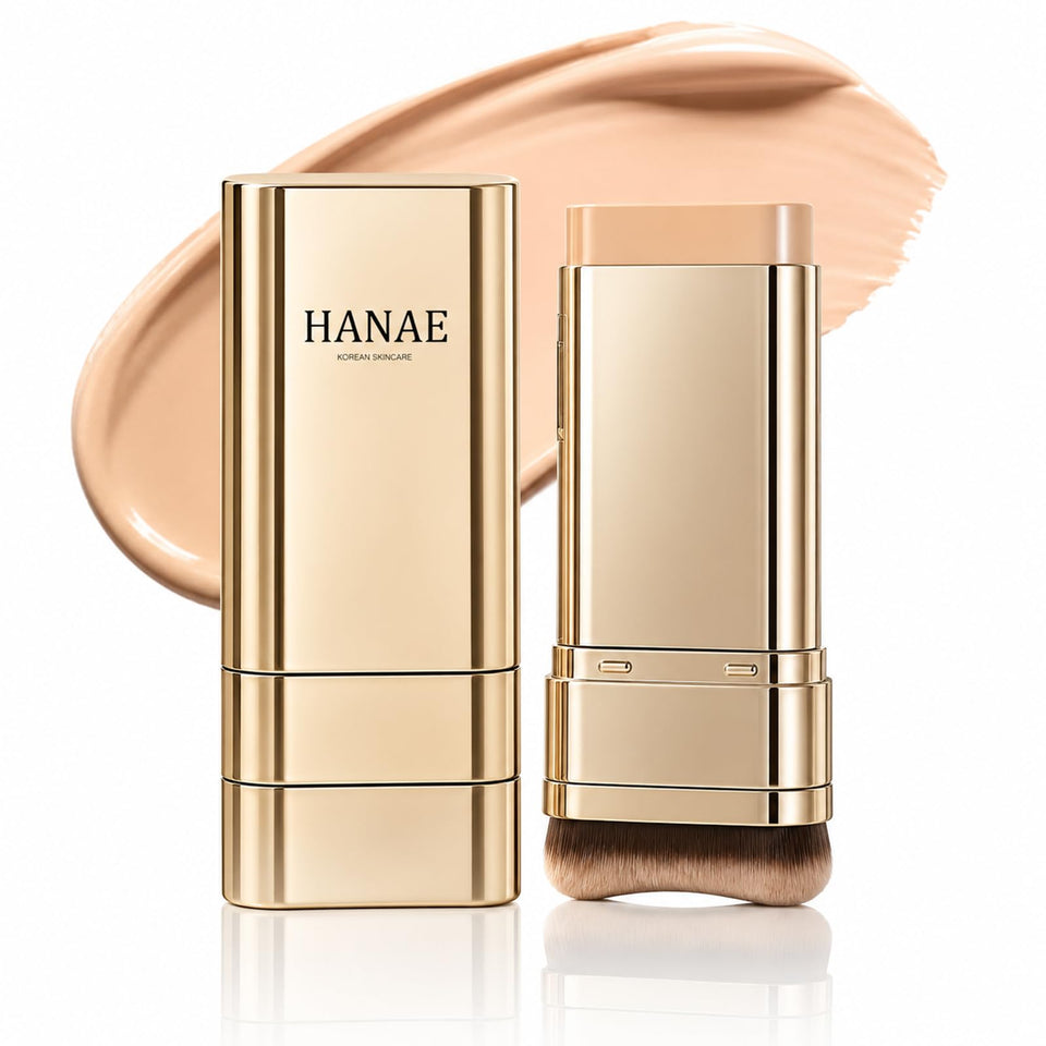 SerentiaElixir Hanae Korea foundation stick front view showing sleek gold case and portability