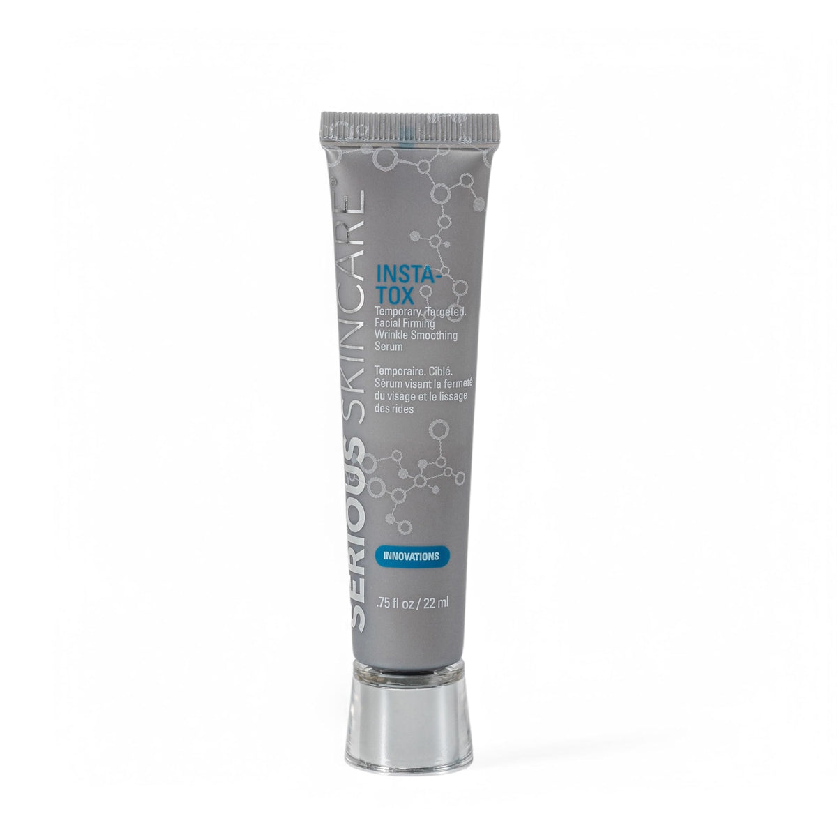 Serious Skincare product front packaging showing compact .75 oz bottle benefit: clear branding and instant smoother look