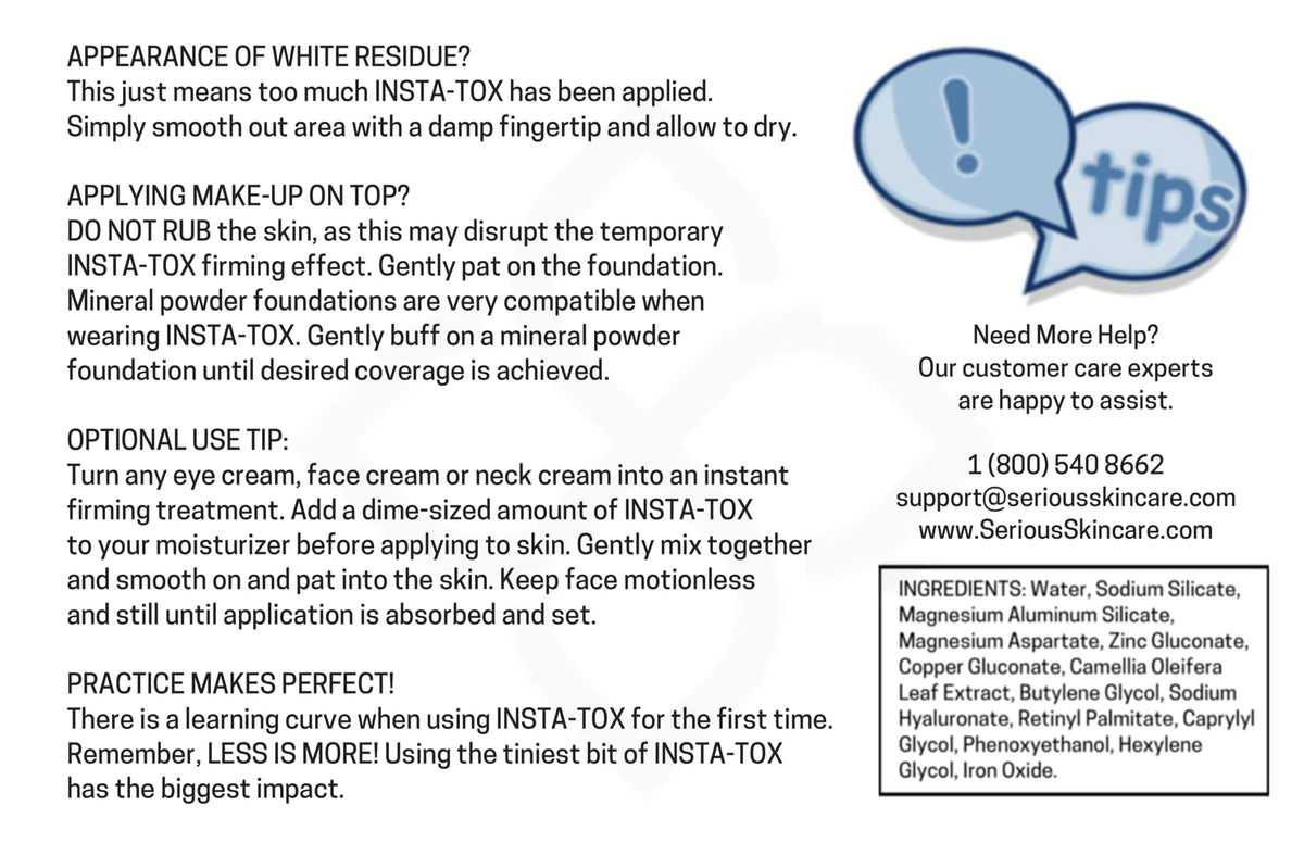 Serious Skincare INSTA-TOX ingredients label close-up highlighting key active benefits
