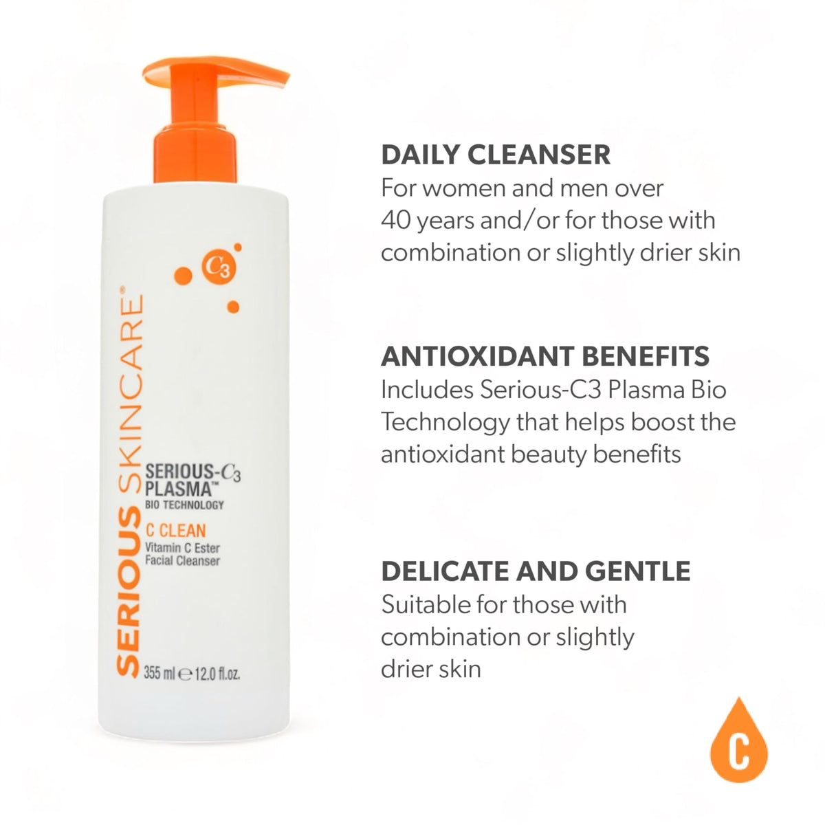 Serious Skincare pump and label detail highlighting product name and ingredients