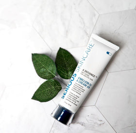 Serious Skincare botanical ingredient flatlay with grape seed and green tea emphasizing antioxidants