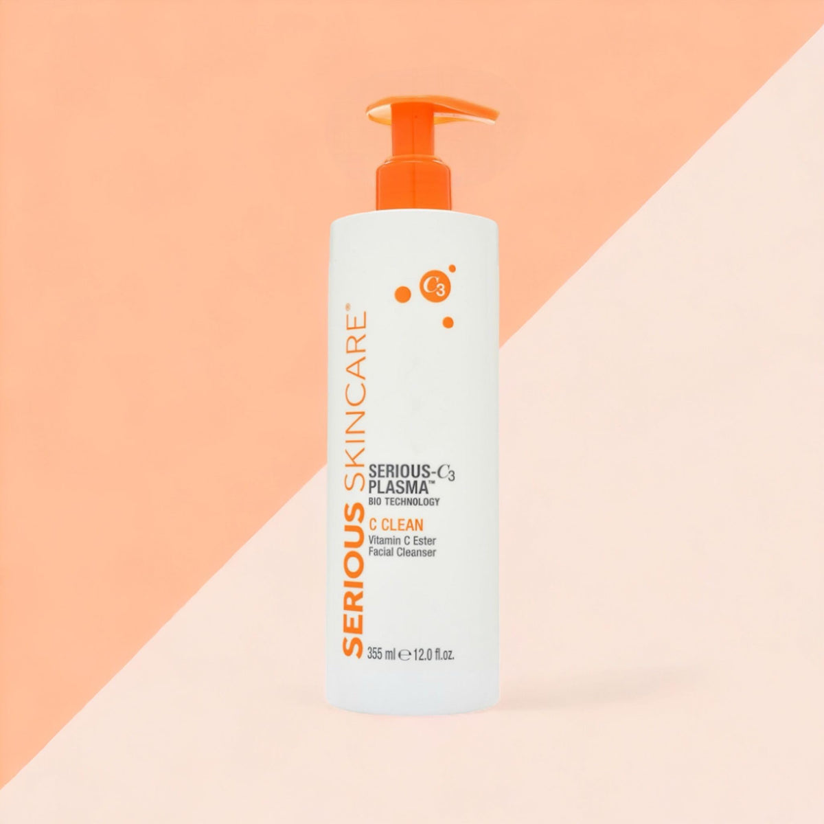 Serious Skincare bottle next to a hand for size comparison and portability benefit